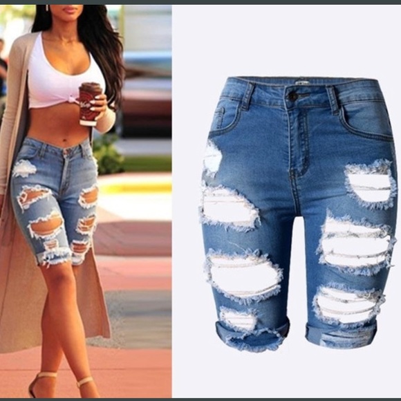 Pants - LAST ONE❗️Distressed Knee Length Denim Shorts